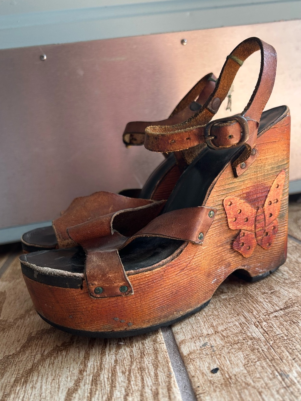Vintage 1970s Boho Hippie Disco Platform Wedge Sandals Wooden Butterfly Engraved